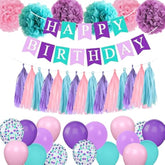 38pcs Teal Purple Pink Birthday Decor with Banner, PomPoms, Tassels & Balloons