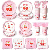 300 Pcs Cherry Plates And Napkins Tableware Set (Serves 50), Plates Napkins Cups Straws And Forks Sets, Cherry Party Birthday Supplies, Tropical Baby Shower Birthday Bridal Party Decorations