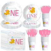 Rubber Duck 1St Birthday Decorations For Girl Tableware, Bubble Bath Theme Pink One Lucky Duck Birthday Party Supplies, Paper Plates, Cups, Napkins, Disposable Cutlery, Serves 24