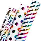 Iridescent Birthday Wrapping Paper 3 Rolls Polka Dots Stripes 17In X 120In Each