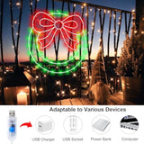 Christmas Wreath Window Lights Decorations, 14" 82Leds Christmas Wreath Lights With Bow, Timer Remote Control Usb Powere
