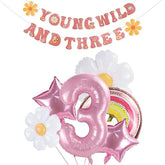 Young, Wild, and Three Banner, Groovy Retro Hippie, Daisy, Rainbow Balloon Decor