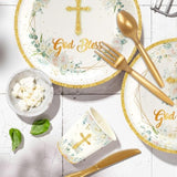 168Pcs Baptism Decorations Paper Plates, God Bless Disposable Paper Plates And Napkins Cups First Communion Table Set For 24 Guests Baby Shower Kids Birthday Party Supplies For Girls Boys