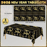 3 Pcs New Year 2026 Tablecloths 108x54in Black Gold Firework Design Disposable