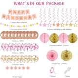 Birthday Decorations Pink Happy Birthday Banner Confetti Balloons Honeycomb Ball Circle Dots Garland Hanging Swirls Rose Gold Birthday Party Decor For Girls Women Princess
