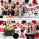 Birthday Decorations, Happy Birthday Banner With Honeycomb Balls, Star Hanging Swirl Streamers, Circle Dots Garland, Happy Birthday Party Decorations For Women Men Boys Girls (Red & Black)