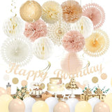 Champagne-Gold Pink Birthday Decorations For Women Girls,Pre-Strung Happy Birthday Banner,Boho Peach Paper Lanterns Tissue Pom Poms Fan,Cream White Balloons,Girl Woman Party Backdrop Supplies