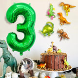 Large Dinosaur Balloon Number 3, 40 Inch Dark Green Foil Balloon And 5 Mini Dinosaurs Balloons For 3Rd Dino Birthday Decorations And Dino Party Supplies Boys And Girls