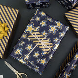 Reversible Gift Wrapping Paper Mini Roll, 17 Inches X 32.8 Feet Bright Colored Thick All Occasion Packing Paper For Birthday Wedding Holiday Party - Gold Stars/Dark Blue Sky/Stripes Design