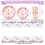 222 Pcs Butterfly Birthday Decorations, Purple And Pink Birthday Decorations For Girls Kit - Disposable Dinnerware Set With 25 Guest, Balloons, Sash, Tiara, Banner, Butterfly Decor