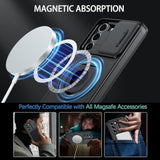 Magnetic Phone Case for Samsung Galaxy S21 FE 5G, Heavy Duty Protective Kickstand Cover with Built-in Slide Camera, Black