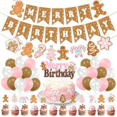 Brown Christmas Birthday Decorations,Cute Gingerbread Man Theme Merry Birthday Banner Gingerbread House Cake Topper Latex Balloons For Christmas Birthday Boys Girls