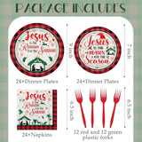 Christmas Nativity Party Decorations - 96 Pcs Jesus Is The Reason For The Season Paper Plates Napkins Forks Tableware Set Disposable Happy Birthday Religious Xmas Decor Supplies Serve 24