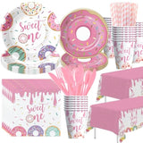 Donut “Sweet One” 1st Birthday Party Set – Pink Tableware for Girls, Serves 24 Guests