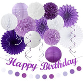 Purple Lilac-Lavender White Women Birthday Party-Decorations - 21Pcs Happy Banner,Paper Lanterns,Tissue Pom Poms Flower Fan,Honeycomb Ball,Hanging Streamers Garland, Girls Decor Supplies