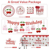 Cherry Birthday Decorations Tableware Set, 20 Serves Disposable Plates And Napkins Set, With Cake Topper, Banner, Tablecloth, For Cherry Party Decorations