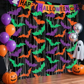 2 Pack Halloween Bat Foil Fringe Curtains 3.3x6.6ft Backdrop Purple Green Orange