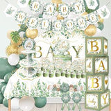 Sage Green Baby Shower Decorations - 172Pcs Gender Neutral Baby Shower Decorations Boho Greenery Party Supplies With Oh Baby Backdrop Tablecloth Balloon Baby Box Welcome Baby Banner