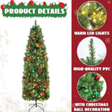 41 Pcs 7 Ft Artificial Slim Christmas Tree With 250 Led Warm White String Lights 40 Red Green Ball Ornaments Skinny Thin Pencil Tree With Metal Stand For Home Xmas Holiday Party Decoration