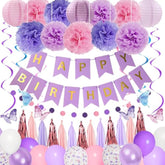 Purple Birthday Decorations For Women Girl Butterfly Birthday Party Decorations Supplies Pink And Purple Balloons Happy Circle Dots Banner Butterfly Hanging Swirl Paper Lanterns Pom