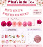 Mother's Day Decorations Set - Happy Mother's Day Glitter Banner, 6Pcs Paper Pom Poms, 14Pcs Hanging Swirls with Flower Cutouts - Pink Floral Party Supplies for Home, Office, Classroom