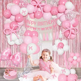 Pink Bow Birthday Decorations, Coquette Themed Party Supplies With Light Pearl Pink White Confetti Long Balloons Happy Birthday Banner Paper Tassel Cake Toppers For Women Girls Baby Shower