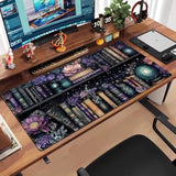 Purple Flowers Bookshelf Desk Mat Bookish Desk Pad Celestial Floral Books Large Mouse Pad Xxl Extended Mousepad Aesthetic Keyboard Pad Crystal Globe Mouse Mat 31.5X15.7 In Office Decor For Women