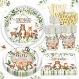 120Pcs Woodland Baby Shower Party Supplies For Boys Girls Safari Jungle Wild Animal Party Decorations Nature Sage Plates Napkin Cups Forks Knives Tableware Set For 20 Guests White