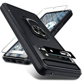 For Google Pixel 6A Case With Screen Protector+Camera Lens Protector,Heavy Duty Shockproof Full Body Phone Cover,Built In Metal Ring Holder Kickstand,2022 Black Matte