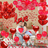 Red Valentines Day Decorations With Red Heart Balloons And Love Balloon, Fake Rose Petals For Wedding Decor, Anniversary Decorations Romantic With Red Latex Balloons And Heart Hanging Decor