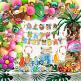 252 Pcs Luau Birthday Party Decorations, Hawaiian Party Decorations Pack, Tropical Party Supplies,Balloon Arch, "Aloha" "Happy Birthday" Banner, Artificial Leaves,Cake Topper, Table Skirt