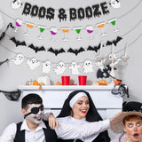 Boos and Booze Banner Funny Halloween Party Decorations with Ghost and Bat Design