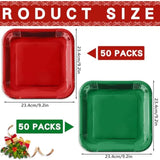100Pcs Christmas Red Green Square Paper Plates 9 Inch Metallic Foil Plates Merry Christmas Disposable Plates For Xmas Winter Party Tableware Supplies