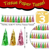 3P Sage-Green Gold Pink Tassel Banner Garland Metallic Foil Fringe Banner Tinsel Tassels Streamer Banner Backdrop For Parade Floats, 2025 Graduation Decorations, Woodland Party Decoration