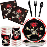 Pirate Party Supplies, Red Pirate Themed Party Decorations Skull Corssbone Pirate Birthday Party Favors For Kids Boys Tableware Set, 9 Inch Paper Plates Napkins Cups Cutlery, Serves 24, 144Pcs