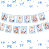Blue Gingham Photo Banner 1St Birthday Baby Photo Banner For Newborn To 12 Months Blue Checkered Monthly Photo Cards Gingham Banner For Baby Boy 1St Birthday Party Supplies