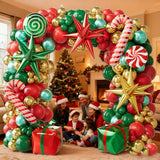 Christmas Balloon Arch Kit, 179PCS Red Green Gold Balloon Garland with Candy Cane, Gift Box, Exploding Star Foil Balloons for Christmas Party Decorations, Holiday Backdrop