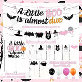 Pink Orange Halloween Baby Shower Decorations, A Little Boo Is Almost Due Banner,Cute Ghost Baby'S Bottle Cake Topper And Latex Balloons For Girls Little Boo Baby Shower Party Supplies