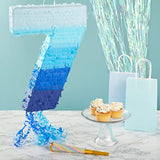 Number 7 Pull String Pinata For Boys 7Th Birthday Party Decorations, Ombre Blue (16.5 X 11.35 In)