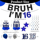 11Pcs 16Th Birthday Decorations For Boys Men, Blue Sliver Happy 16Th Birthday Banner, Bruh I'M 16 Balloons Centerpieces Swirls Party Supplies, Sixteen Bday Banner Ceiling Table Topper Sign