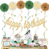 17pcs Sage Green Gold Birthday Set - Banner, Pom Poms, Swirls & Garland Decor