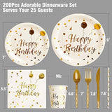 200PCS White Gold Birthday Party Spplies Disposable Tableware Set for 25 Guests