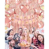 80pcs Rose Gold Birthday Decorations β Banner, Balloons, Curtain, Swirls & More