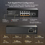 10 Port Gigabit Poe Switch - 8 Ge Poe+, 2 Ge Uplink, 10/100/1000Mbps, 120W 802.3Af/At, Fanless Plug & Play Ethernet Switch