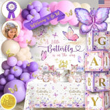195 Pc Butterfly Baby Shower Decorations For Girl With Pink And Purple Butterfly Balloon Arch Kit, Baby Girl Boxes, Backdrop, Tablecloth, Sash, Cake And Cupcake Toppers, Crown And More