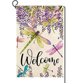 Spring Summer Flower Garden Flag Wisteria Dragonfly Floral Welcome Small Yard Flag Burlap Double Sided Vertical Seasonal Farmhouse Wedding Outside Outdoor Decoration 12.5X18 Inch
