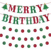 Merry Birthday Banner - Red, Green Glitter, Christmas & Birthday Party Decorations