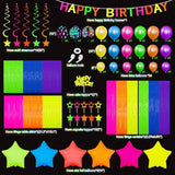 Glow In The Dark Party Supplies Kit - Neon Birthday Decorations With Balloon Garland Arch, Fluorescent Tinsel Curtains, Star Swirls, Cake Toppers & Table Skirt (100+ Pieces)