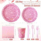 175 Pcs Pink Holographic Print Party Disposable Dinnerware Set Include 50 Pcs Paper Plates, 25 Napkins, 25 Cups, 25 Plastic Forks, 25 Knives, And 25 Spoons For Guest Holiday Wedding Birthday