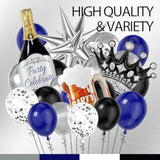 Blue and Black Birthday Decor with Banner, Balloons, and Fringe Curtains
